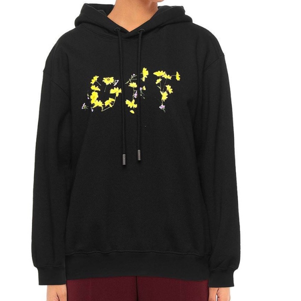 Black  OFF White Floral Lettering Hoodie - Yellow Flower